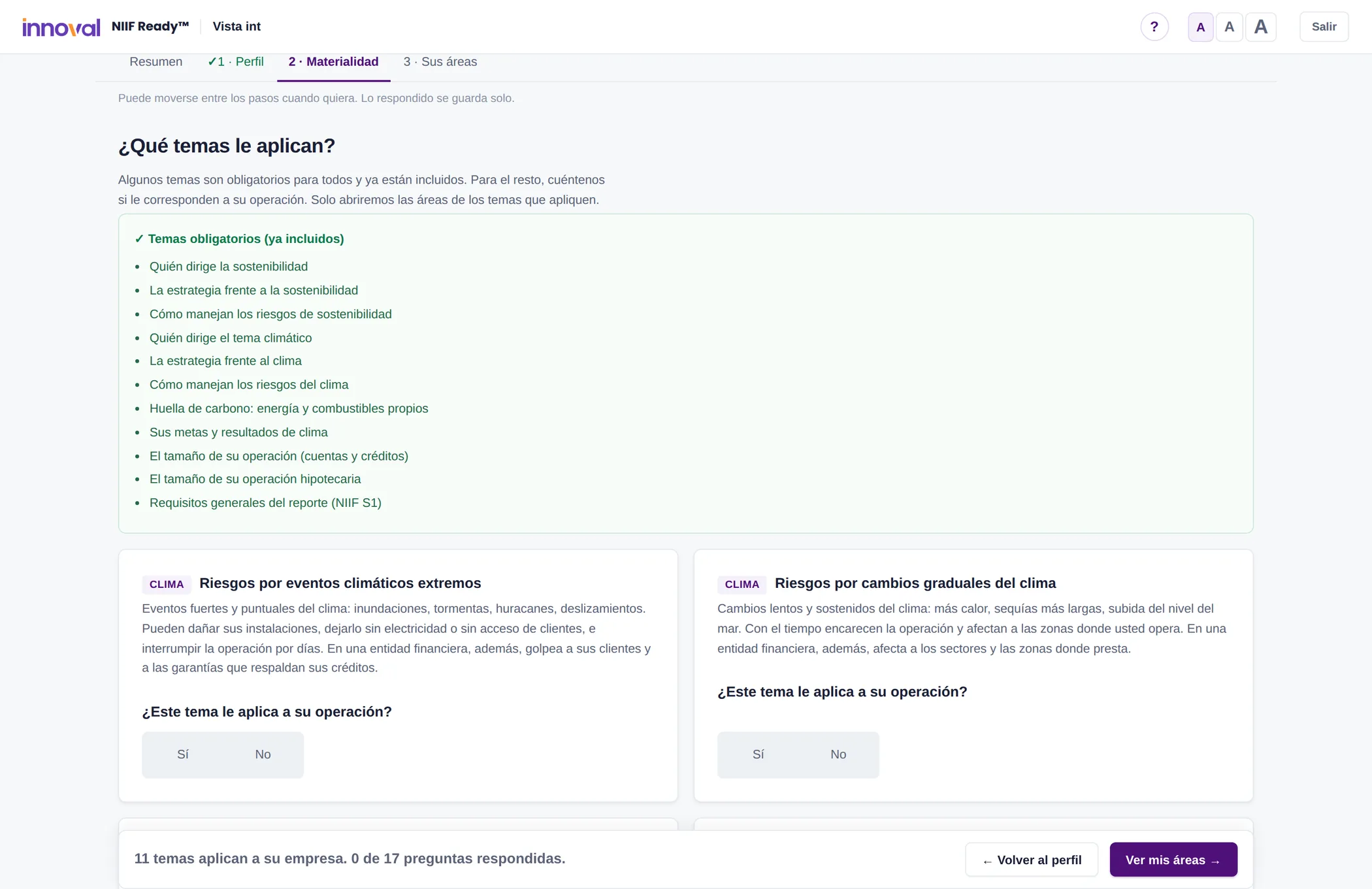 Pantalla de materialidad de la plataforma: los temas obligatorios ya incluidos y las preguntas de si el tema aplica o no a la operación.